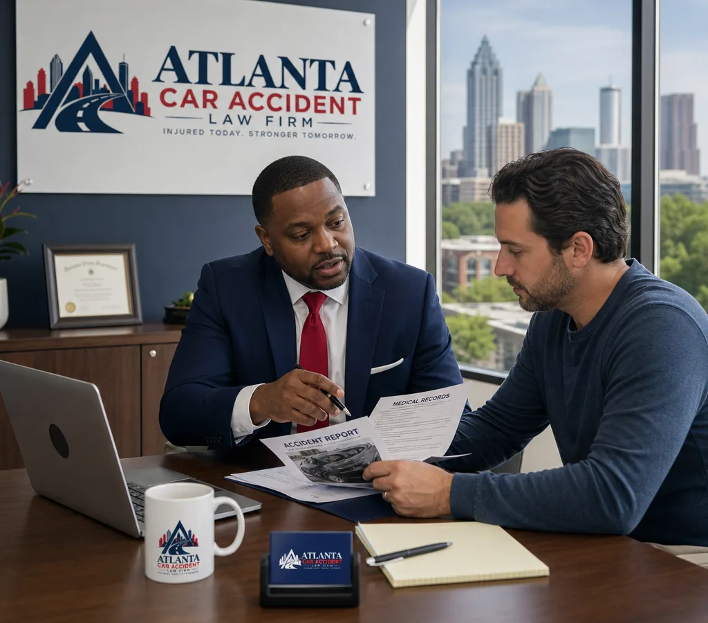 Attorney and client reviewing accident documents and medical paperwork in an Atlanta office