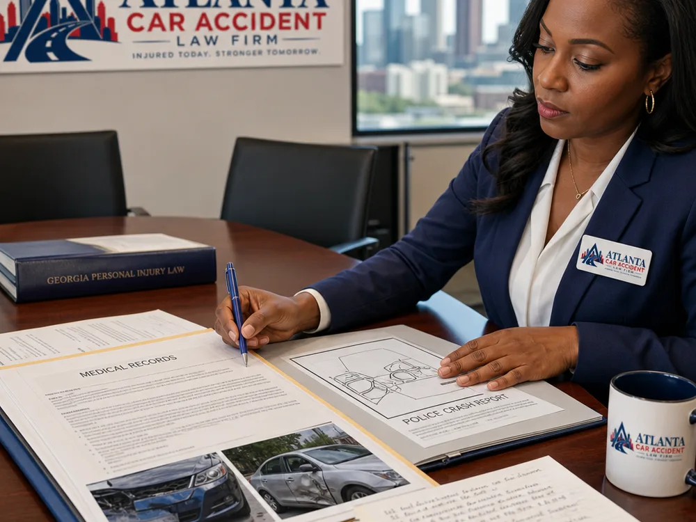 Case file with medical records, a crash report, vehicle damage photographs, and a lawyer's notes