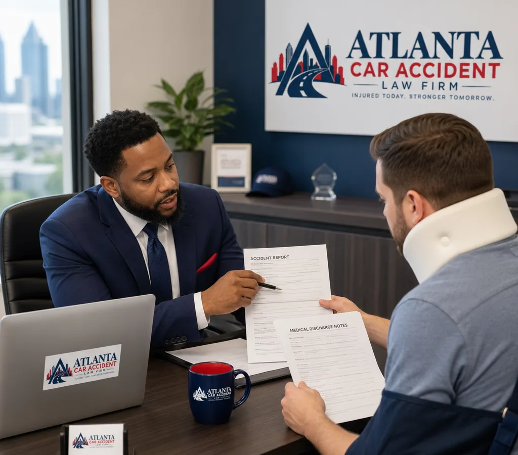 Atlanta attorney reviewing crash paperwork and medical discharge notes with an injured driver