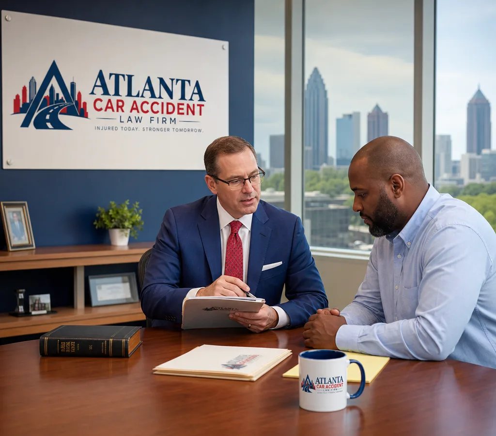 Personal injury attorney reviewing a case file with a client in an Atlanta office