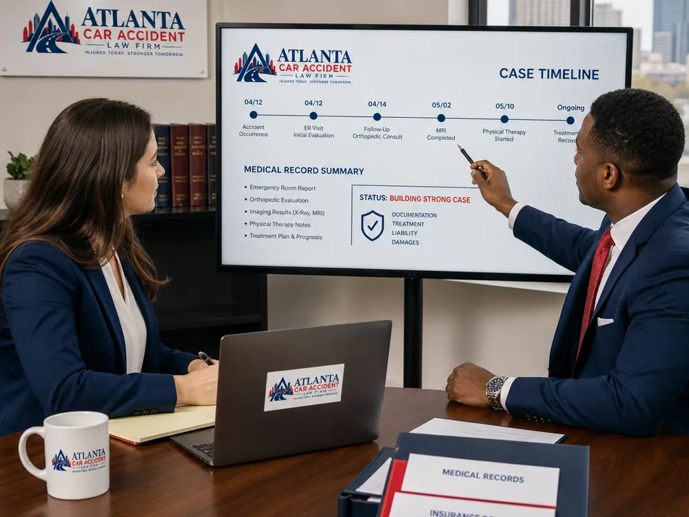 Attorney and paralegal reviewing a medical timeline and insurance documents in a conference room