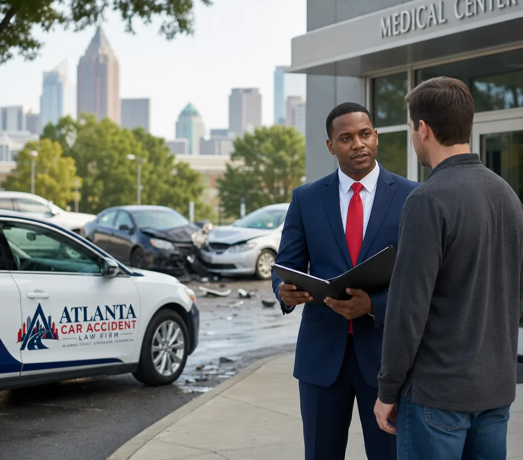 Atlanta roadway crash scene with an attorney meeting a client outside a medical office