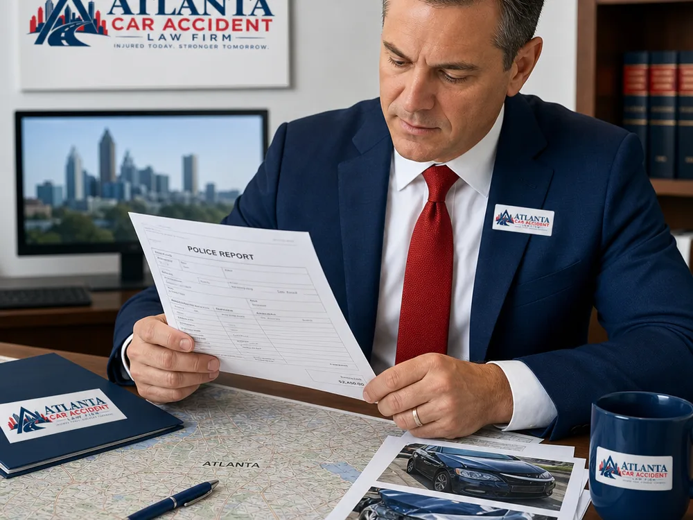 Attorney reviewing a police report, medical bills, crash photos, and an Atlanta map