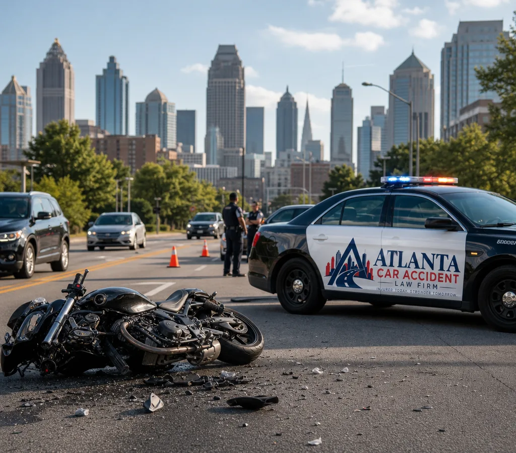 Atlanta motorcycle crash scene with a motorcycle and police cruiser during the post-collision investigation