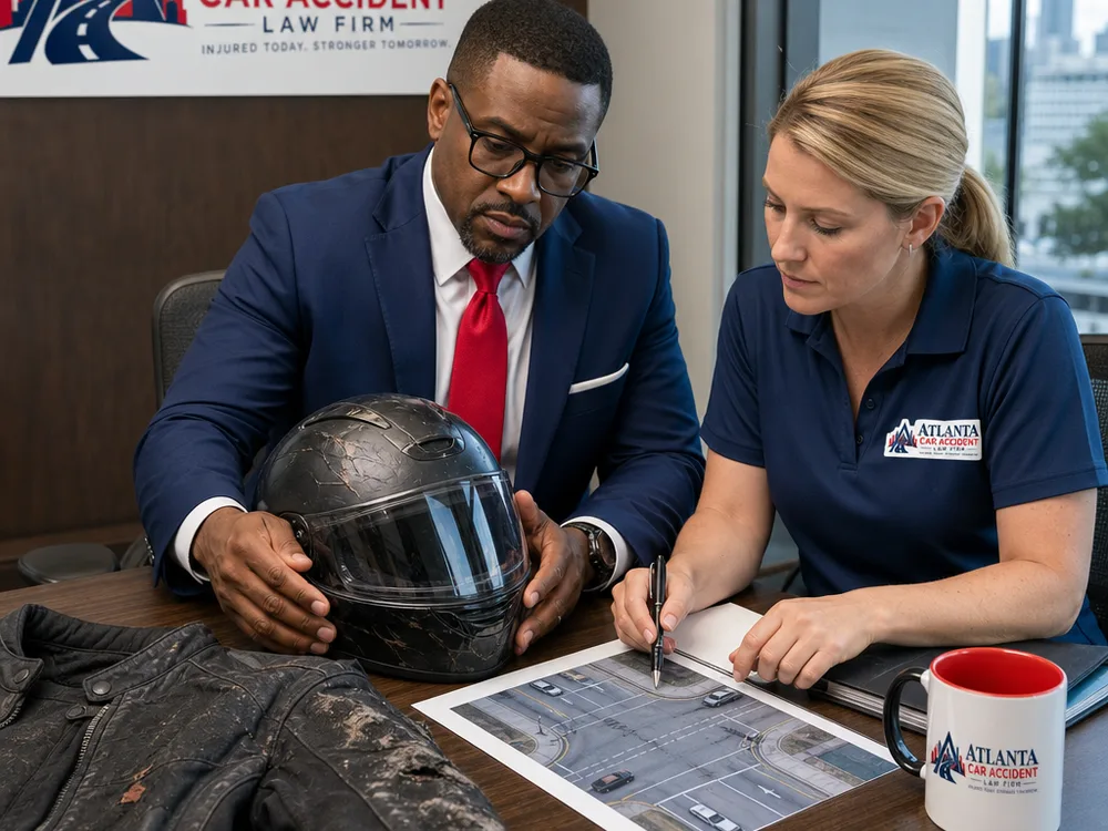 Lawyer and investigator reviewing motorcycle safety gear and an intersection diagram during case preparation