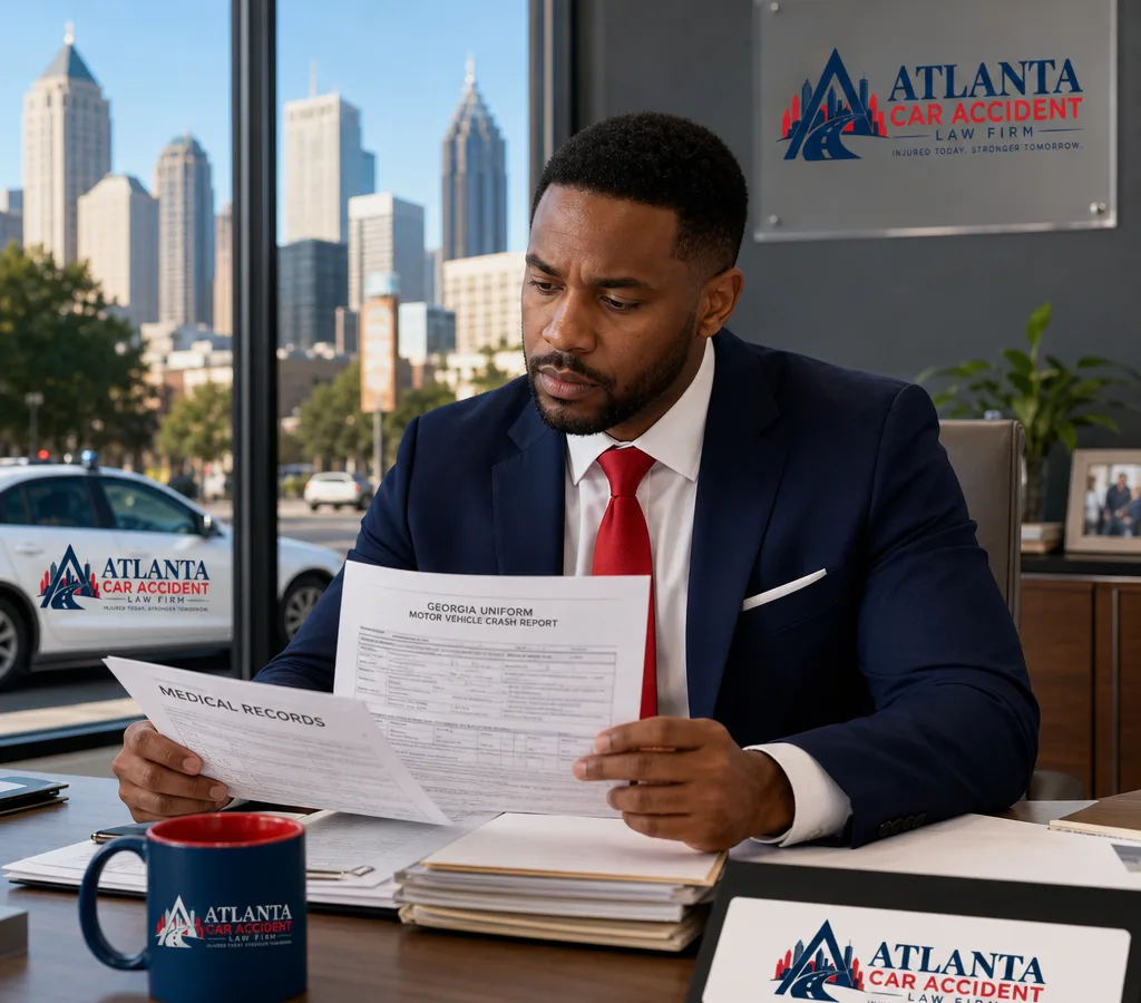 Attorney reviewing a Georgia crash report and medical records with an Atlanta street scene visible through a window