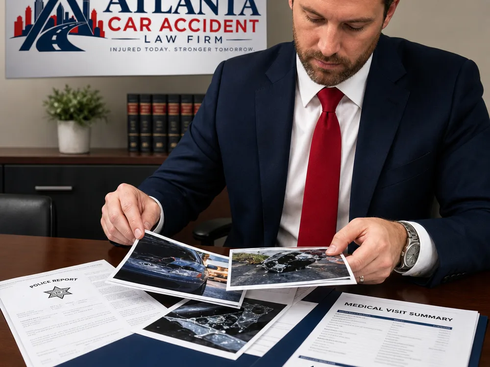 Attorney organizing crash-scene photos, a police report, and a medical visit summary on a conference table