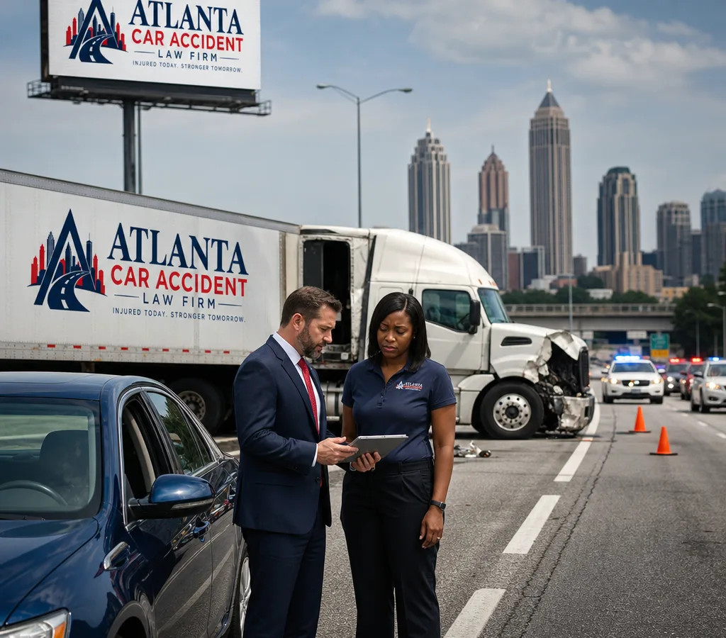 Semi tractor-trailer and passenger vehicles on an Atlanta roadway with police lights in the background