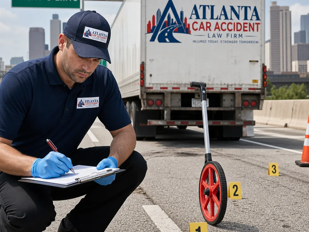 Crash investigation equipment and evidence markers near a tractor-trailer on an Atlanta highway shoulder