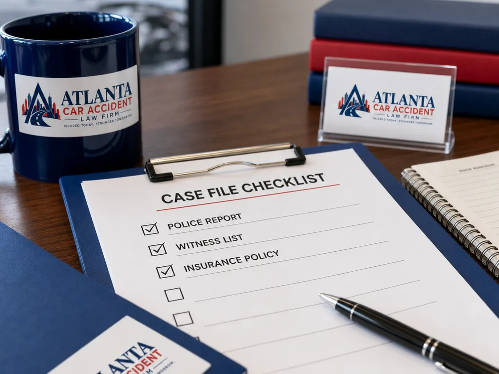 Case file checklist with a police report, witness list, insurance policy, pen, and notepad