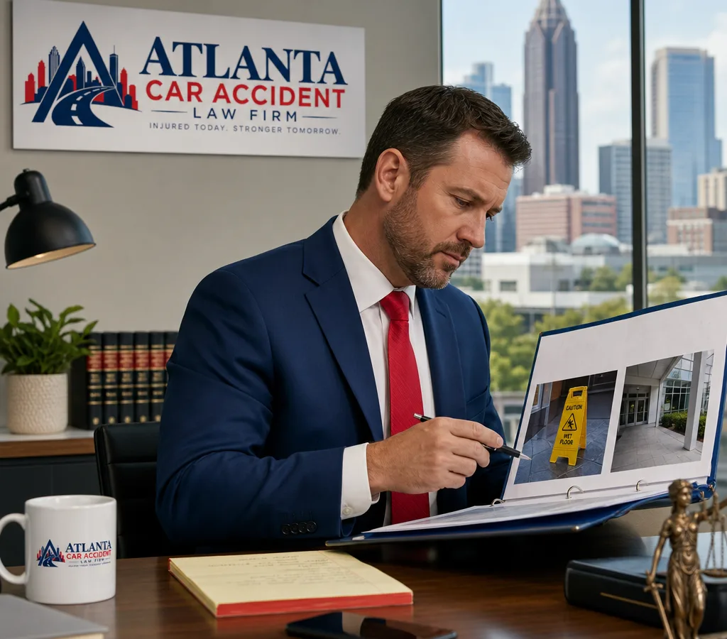 Attorney reviewing a premises incident file with wet floor and building entry photographs in an Atlanta office