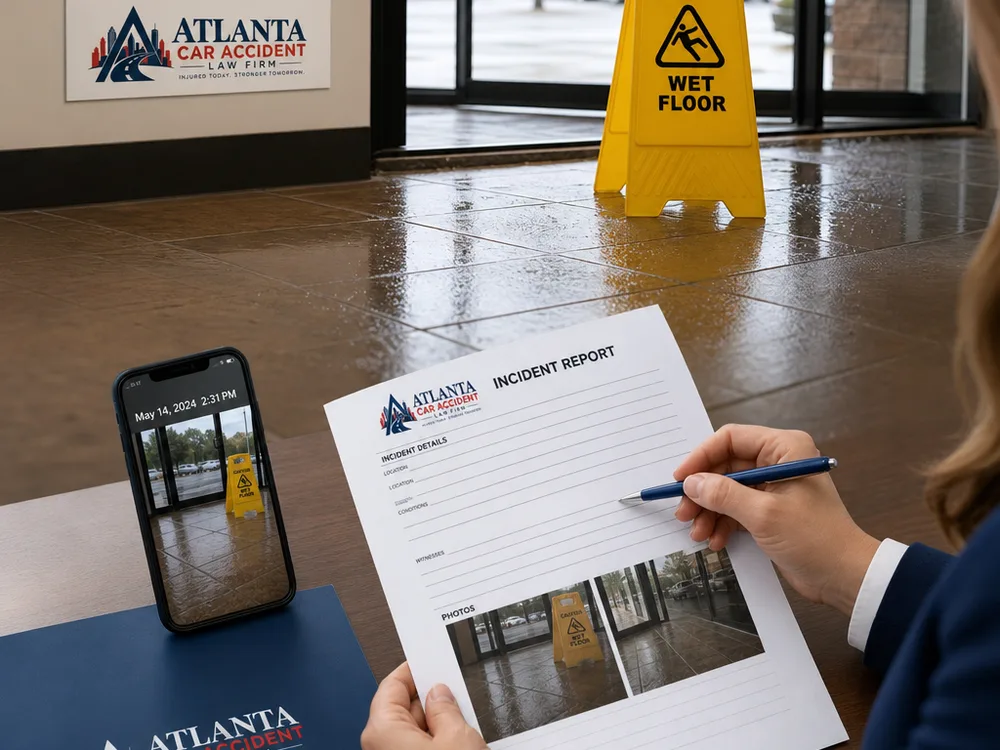 Wet tile floor near a caution sign with an incident report and timestamped photographs documenting a slip and fall claim