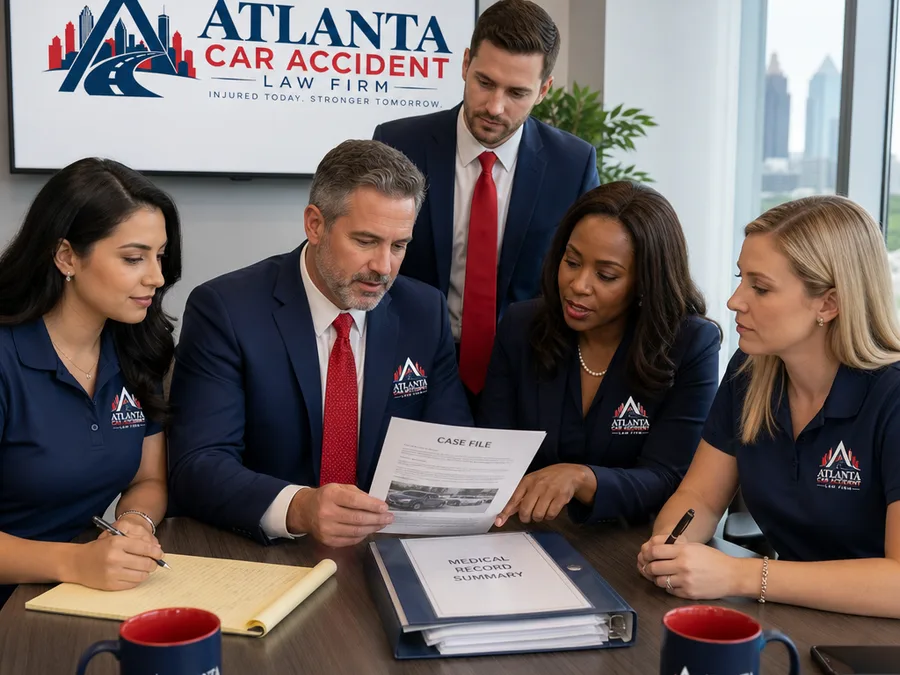 Atlanta attorneys and staff reviewing a case file and medical record summary in a conference room